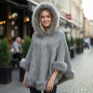 The Cashmere Project Poncho Womens Medium Gray Hooded Pure Cashmere Racoon Fur